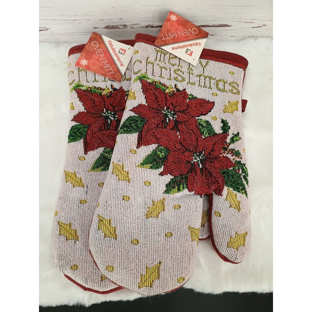 FabulousHome Merry Christmas Poinsettia Oven Mitts Quilted Red Backing Holiday K